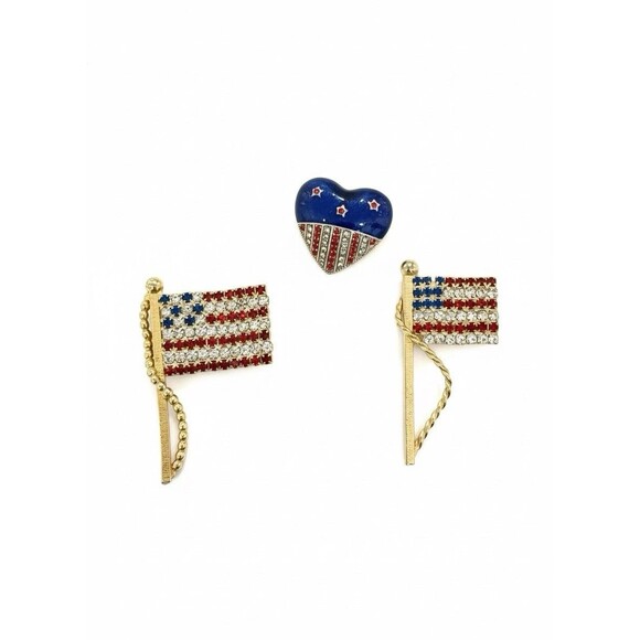 Lot of 3 Patriotic Brooches: Rhinestone Heart & American Flag Pins Jewelry USA - Picture 1 of 9